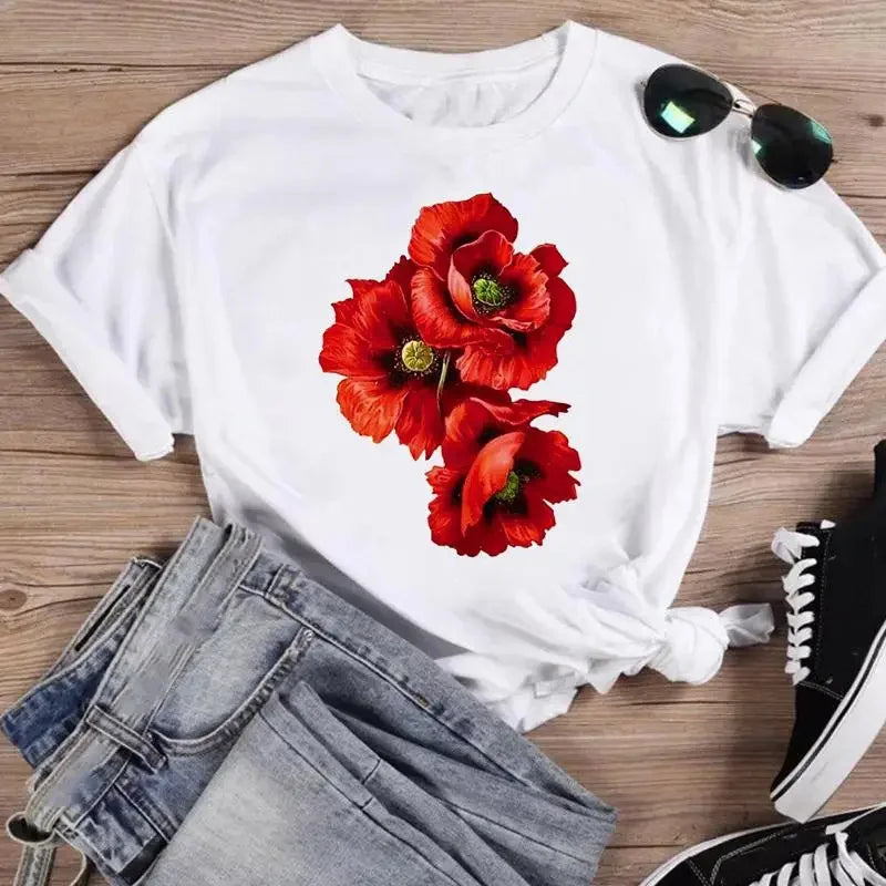 Print Fashion Watercolor Spring Flower 2024 Women Cartoon Short Sleeve Graphic T Top Summer Shirt Tshirts Female Tee T-Shirt