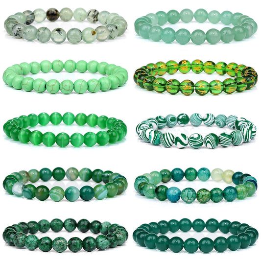 8MM Green Stone Bracelet Natural Agates Aventurine Jades Gem Stone Stretch Bangle Healing Energy Wealth Handmade Jewelry Gift