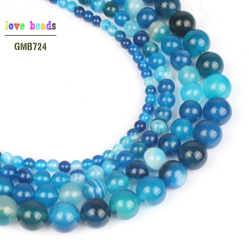 wholesale Smooth blue Striated Agata Onyx Round Loose Beads For Jewelry Making 15.5inch/strand Pick Size 4 6 8 10 12mm-F00064