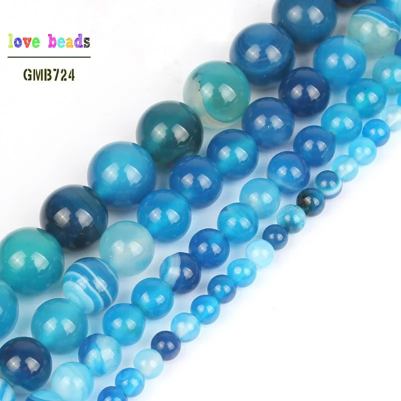 wholesale Smooth blue Striated Agata Onyx Round Loose Beads For Jewelry Making 15.5inch/strand Pick Size 4 6 8 10 12mm-F00064