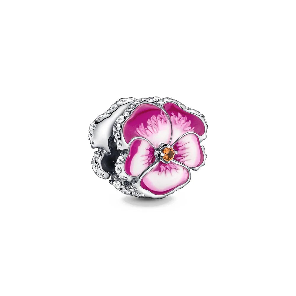 New 2023 Fashion Pink Pansy Flower Pendant Bead 925 Sterling Silver Plated Fit Necklace Keychain Charm DIY Jewelry Bracelet