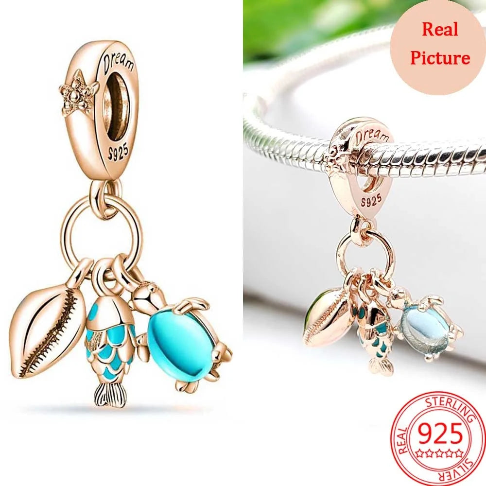 925 Silver Plated Colorful Accessories Jewelry Women Murano Glass Pink And Blue Sea Turtle Dangle Charm Fit Brand Bracelet