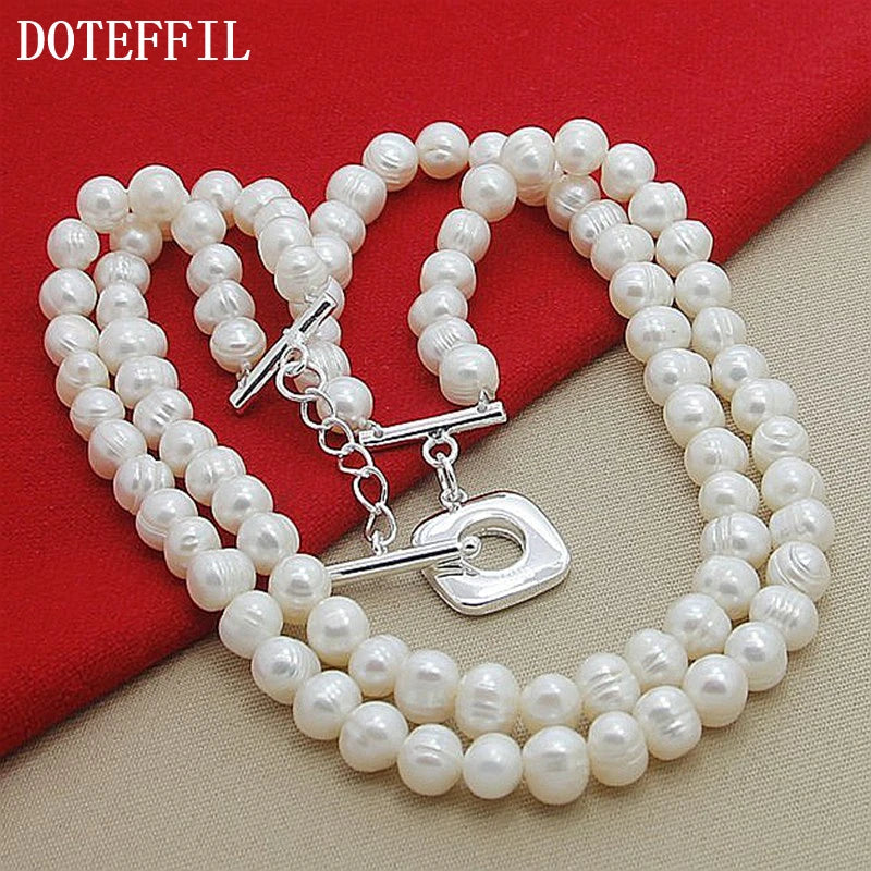 DOTEFFIL 8mm Double White Natural Pearls Chain Necklace 925 Sterling Silver For Women Wedding Engagement Fashion Charm Jewelry