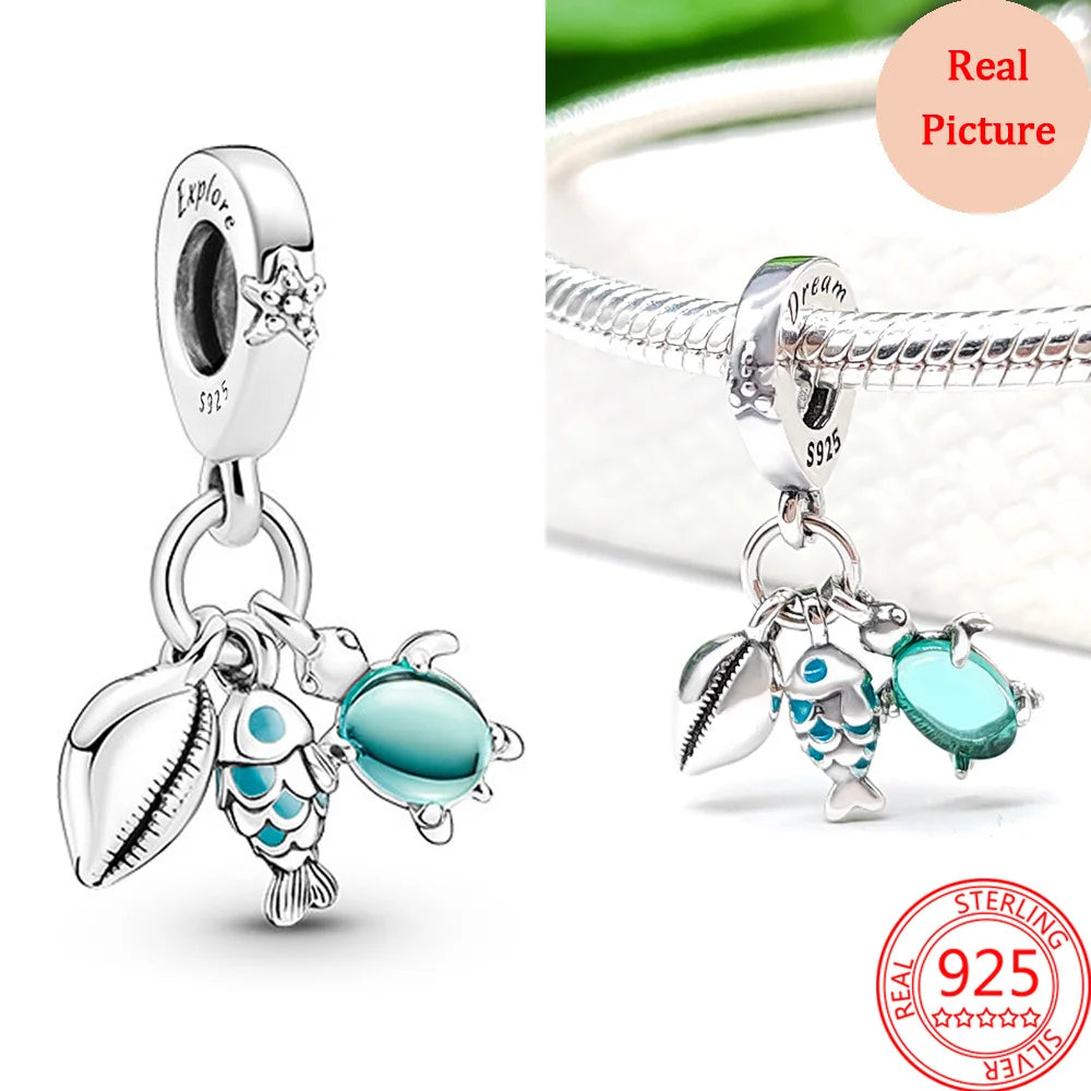 925 Silver Plated Colorful Accessories Jewelry Women Murano Glass Pink And Blue Sea Turtle Dangle Charm Fit Brand Bracelet