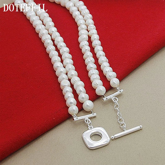 DOTEFFIL 8mm Double White Natural Pearls Chain Necklace 925 Sterling Silver For Women Wedding Engagement Fashion Charm Jewelry