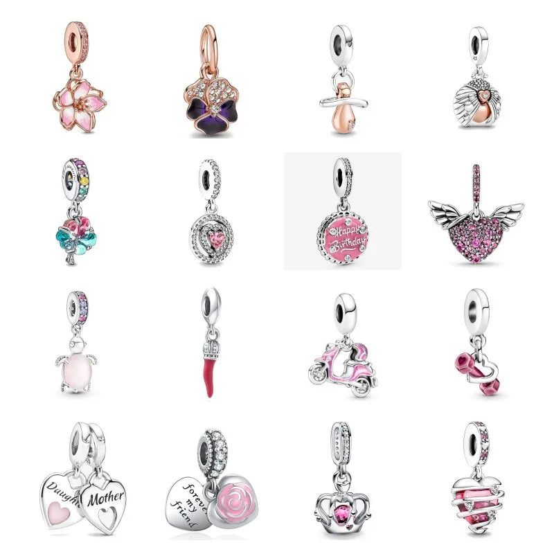 New 2023 Fashion Pink Pansy Flower Pendant Bead 925 Sterling Silver Plated Fit Necklace Keychain Charm DIY Jewelry Bracelet