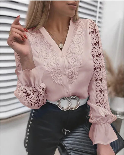 2024 Spring White Lace Shirts Long Sleeve Top Women Buttons Casual Office Womens Tops And Blouse Femme Shirt