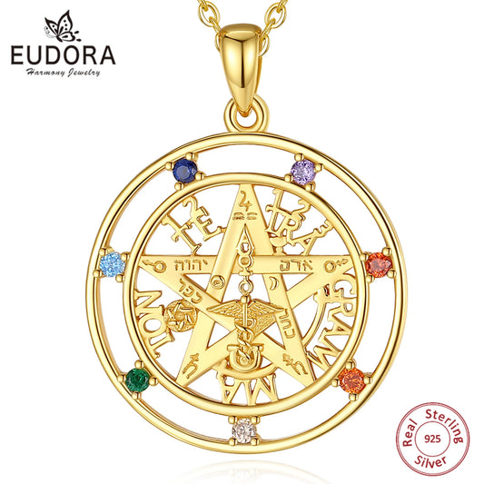 Eudora 925 Sterling Silver Pentagram Necklace for Women Man 18K Gold Amulet 7 Color Chakra Tetragrammaton Pendant Fine Jewelry