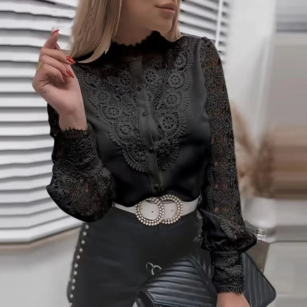 2024 Spring White Lace Shirts Long Sleeve Top Women Buttons Casual Office Womens Tops And Blouse Femme Shirt