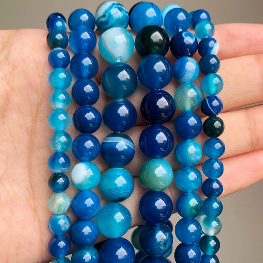 wholesale Smooth blue Striated Agata Onyx Round Loose Beads For Jewelry Making 15.5inch/strand Pick Size 4 6 8 10 12mm-F00064