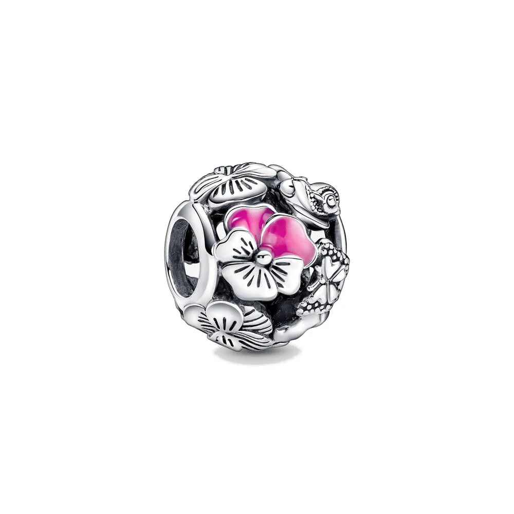 New 2023 Fashion Pink Pansy Flower Pendant Bead 925 Sterling Silver Plated Fit Necklace Keychain Charm DIY Jewelry Bracelet