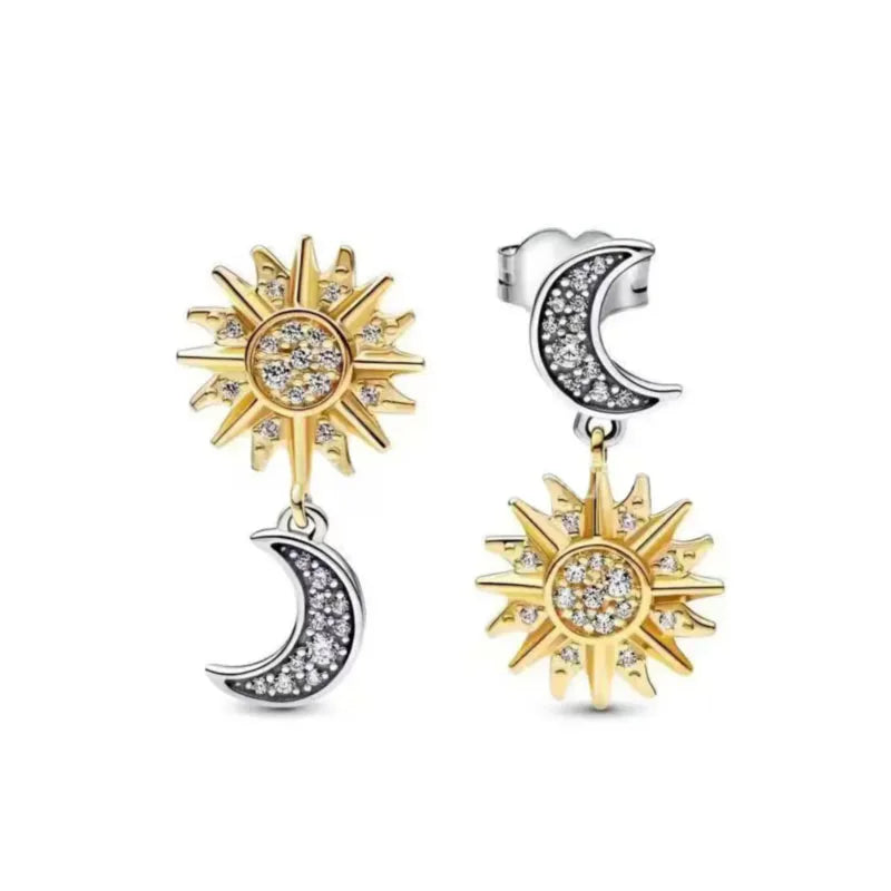2024 Double Hoop Sun Moon 925 Silver Plated Butterfly Heart Earrings Stud Fit Original Charms Diy For Women Accessories