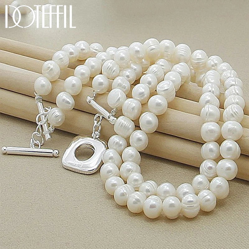 DOTEFFIL 8mm Double White Natural Pearls Chain Necklace 925 Sterling Silver For Women Wedding Engagement Fashion Charm Jewelry