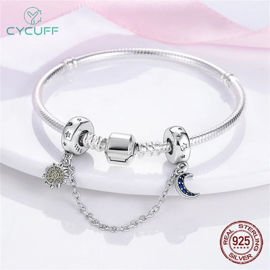 CYCUFF Real 925 Sterling Silver Stars & Moon Sunflower Safety Chains Spacer Beads Charms Fit 925 Original Bracelets DIY Jewelry