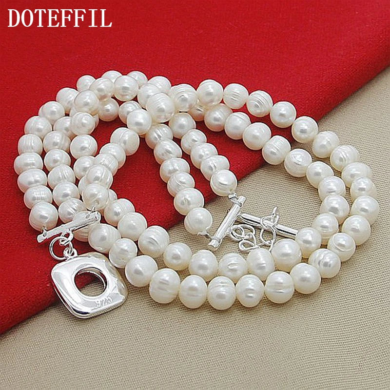 DOTEFFIL 8mm Double White Natural Pearls Chain Necklace 925 Sterling Silver For Women Wedding Engagement Fashion Charm Jewelry