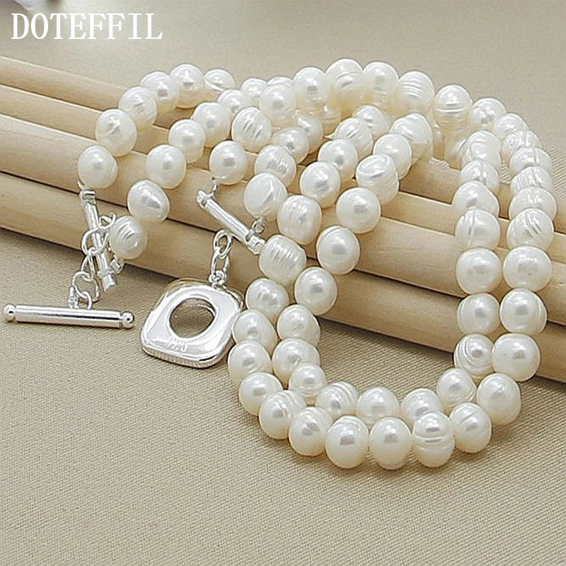 DOTEFFIL 8mm Double White Natural Pearls Chain Necklace 925 Sterling Silver For Women Wedding Engagement Fashion Charm Jewelry