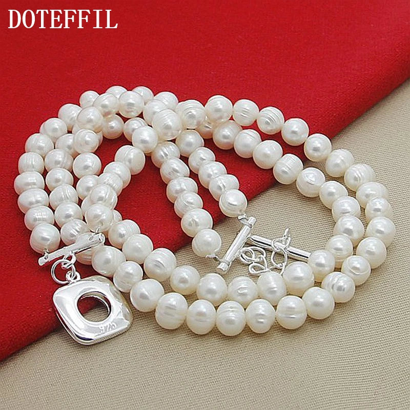 DOTEFFIL 8mm Double White Natural Pearls Chain Necklace 925 Sterling Silver For Women Wedding Engagement Fashion Charm Jewelry