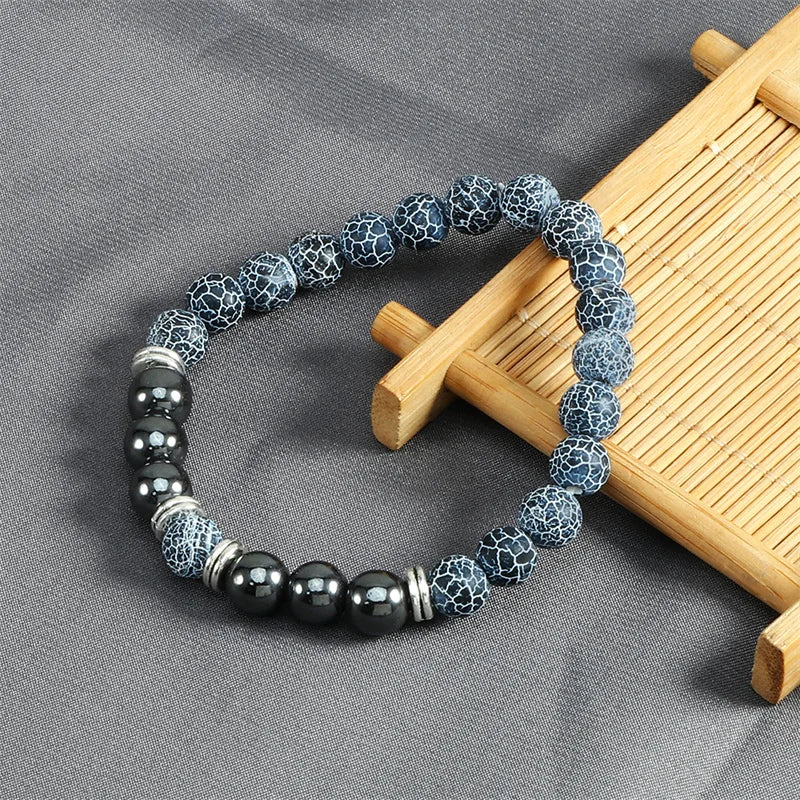 Charm Black Hematite Men Beads Bracelet Natural Tiger Eye Lava Weathered Stone Elastic Bracelets for Women Healing Yoga Jewelry