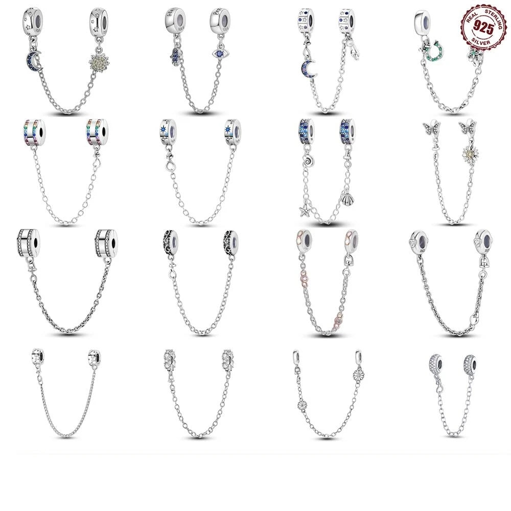 CYCUFF Real 925 Sterling Silver Stars & Moon Sunflower Safety Chains Spacer Beads Charms Fit 925 Original Bracelets DIY Jewelry